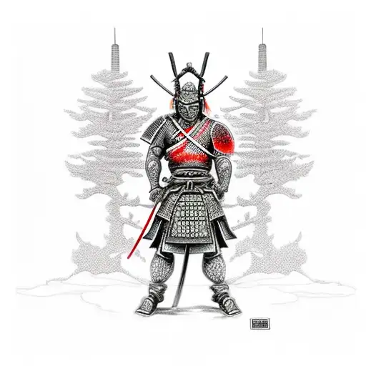 Samurai with red armor and sword in hand from which blood falls, with an oni door behind and surrounded by forest tattoo design idea
