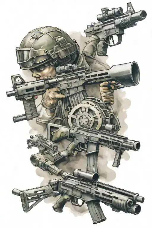 Incorporate elements of military gear and weaponry into a dynamic sports-themed tattoo design tattoo design idea