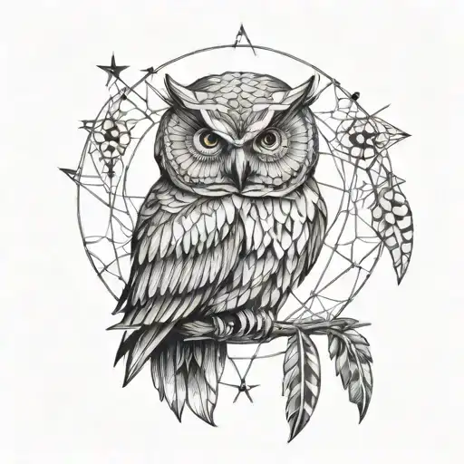 a owl with the moon over its head sitting on a branch where there is a string hanging down attached to 3 feathers tattoo design idea