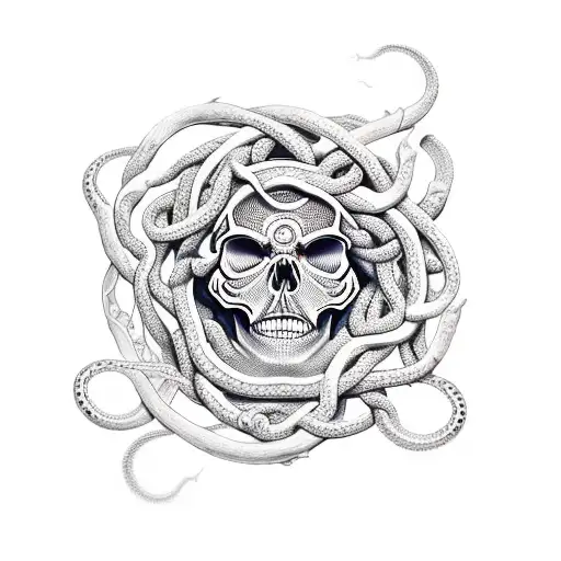 Skull medusa with snakes and clock tattoo design idea