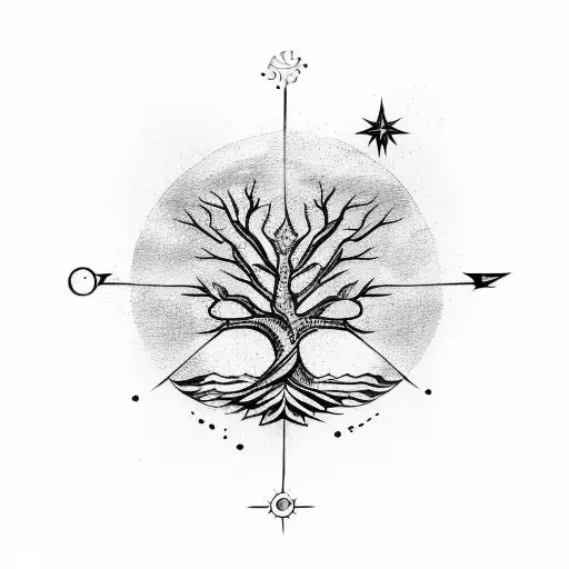 A simple tree with symbols of the zodiac signs Sagittarius, Cancer, Pisces and Scorpio tattoo design idea