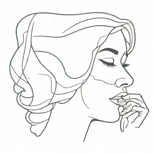 continuous line silhouette of a women's face with her hand on her face going up into a thought bubble tattoo design idea