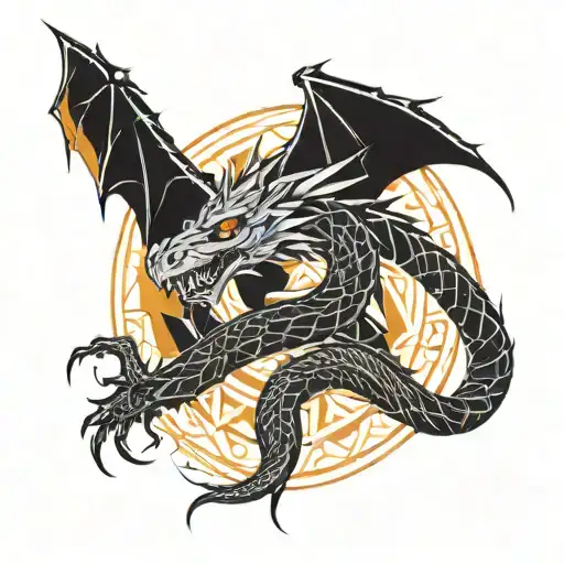 dragon hugging snake over burning torch tattoo design idea
