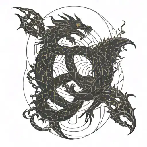 dragon hugging snake over burning torch dates on torch 05/15/1964 tattoo design idea