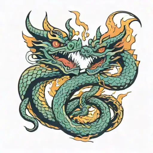 dragon hugging snake over burning torch dates on torch 05/15/1964 tattoo design idea