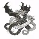 dragon hugging snake over burning torch tattoo design idea