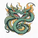 dragon hugging snake over burning torch dates on torch 05/15/1964 tattoo design idea