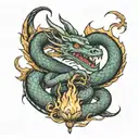 dragon hugging snake over burning torch dates on torch 05/15/1964 tattoo design idea