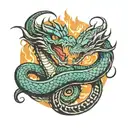 dragon hugging snake over burning torch dates on torch 05/15/1964 tattoo design idea