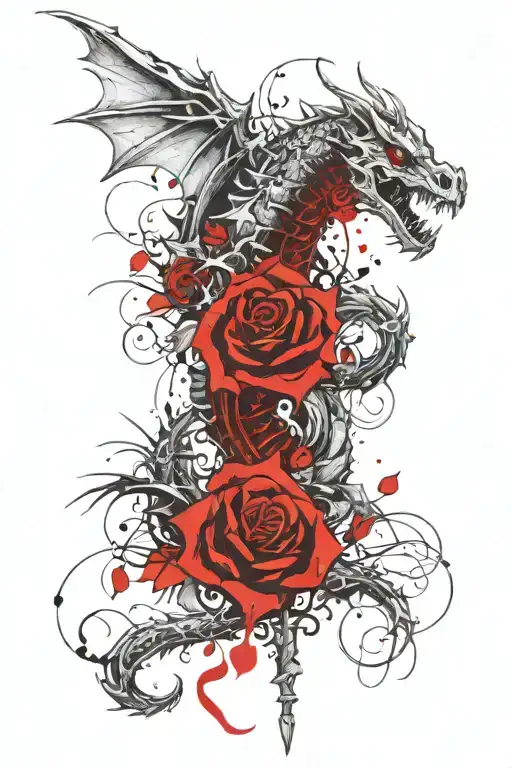 Gothic dragon tattoo wrapped around arm with red roses and skulls. tattoo design idea