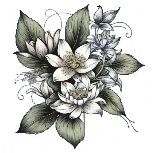 minimal cross with larkspur and water lily flowers tattoo design idea