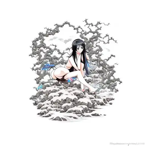 sexy anime woman sitting on a rock infront of a waterfall. the woman is covered by vines and thorns tattoo design idea