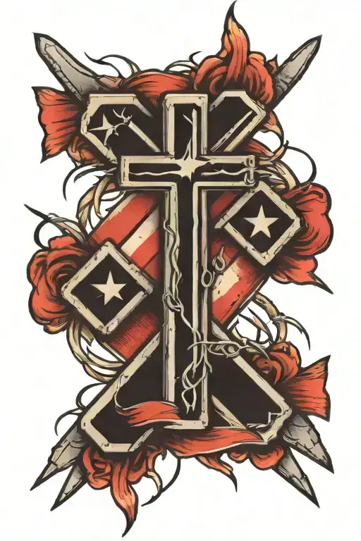 3 nails cross and American flag intertwined tattoo design idea