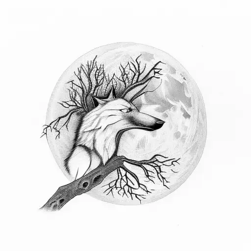 A black and grey design featuring a wolf and raven with a tree intertwined in front of full moon tattoo design idea