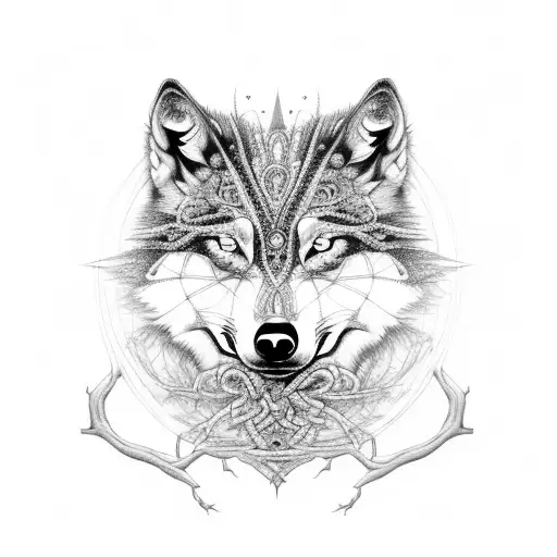 An intricate black and grey design featuring a wolf and raven with a tree intertwined in front of full moon tattoo design idea