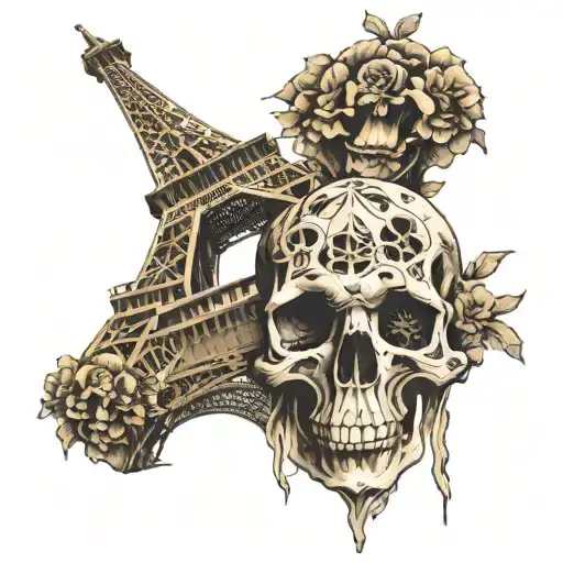 eiffel tower made of catacomb bones and skulls tattoo design idea