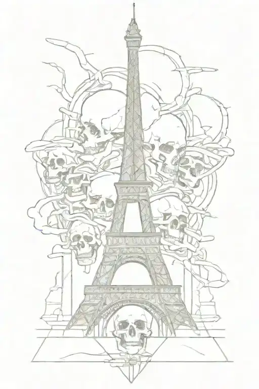 eiffel tower made of catacomb bones and skulls leaning and forming tattoo design idea
