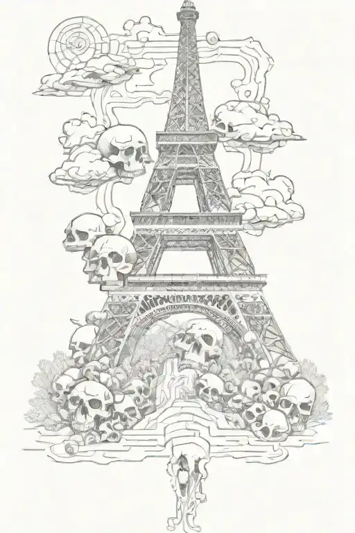catacomb skulls into eiffel tower surrounded tattoo design idea