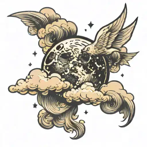 a moon surrounded by clouds, style of American Traditional tattoos, isolated on a white background tattoo design idea