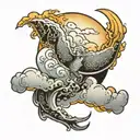 a moon surrounded by clouds, style of American Traditional tattoos, isolated on a white background tattoo design idea