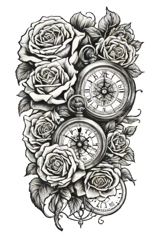 pocket watch, roses, compass, nautical, with 3 grandchildren birth dates and time of birth  tattoo design idea