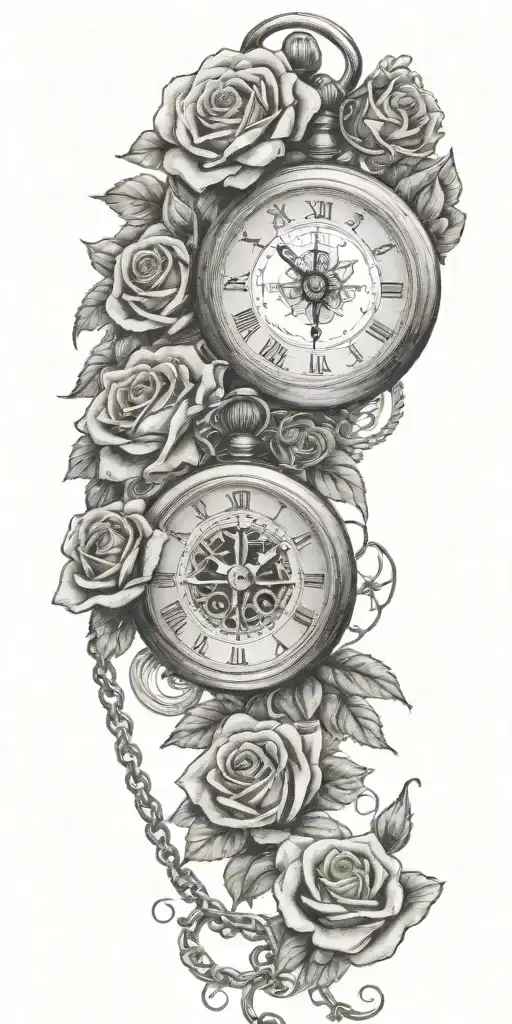 pocket watch, roses, compass, with 3 grandchildren birth dates and time tattoo design idea