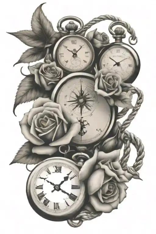 3 pocket watches, roses, compass, nautical rope, celtic knots, welsh dragon    tattoo design idea