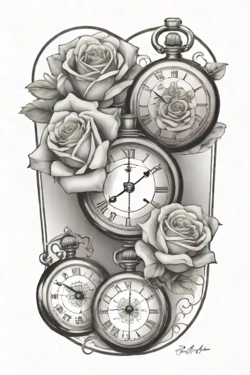Black and Grey "3 Pocket Watches, Roses, Compass,..." Tattoo Idea