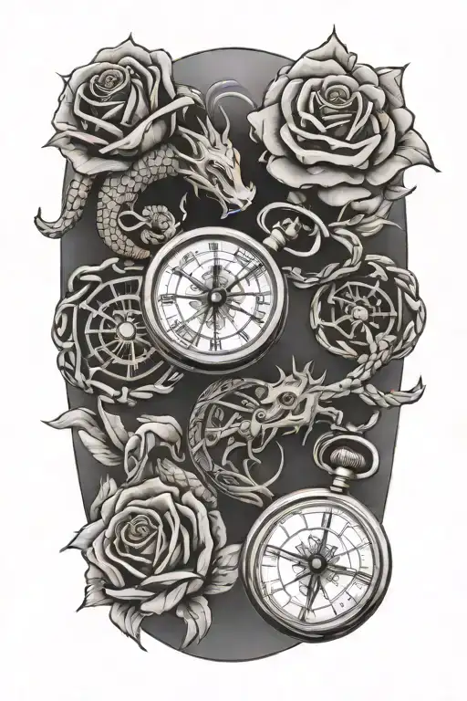3 pocket watches, roses, compass, nautical rope, celtic knots, welsh dragon    tattoo design idea