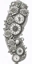 pocket watch, roses, compass, with 3 grandchildren birth dates and time tattoo design idea
