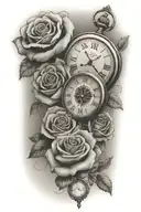 pocket watch, roses, compass, nautical, with 3 grandchildren birth dates and time of birth using roman numerials  tattoo design idea