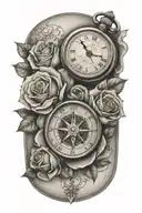 pocket watch, roses, compass, nautical, with 3 grandchildren birth dates and time of birth using roman numerials  tattoo design idea