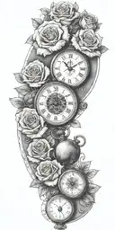 pocket watch, roses, compass, with 3 grandchildren birth dates and time tattoo design idea