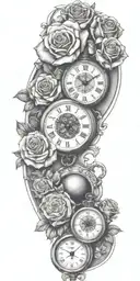 pocket watch, roses, compass, with 3 grandchildren birth dates and time tattoo design idea