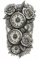 3 pocket watches, roses, compass, nautical, with 3 grandchildren birth dates and time of birth using roman numerials  tattoo design idea