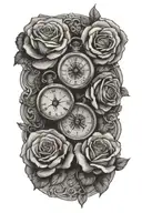 3 pocket watches, roses, compass, nautical, with 3 grandchildren birth dates and time of birth using roman numerials  tattoo design idea