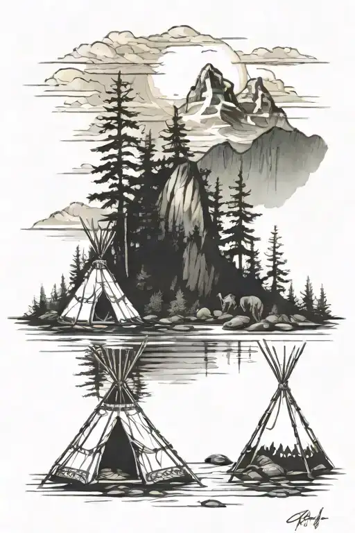 mountain river scene, teepee, indigenous, animals, Canadian,  tattoo design idea