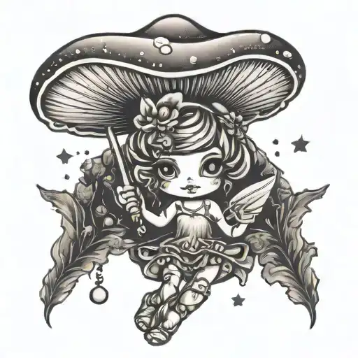 A traditional style tattoo of a cute mushroom fairy holding a magic wand tattoo design idea