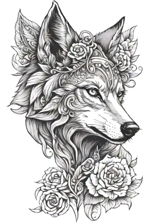 feminine wolf with ram skin around head tattoo design idea