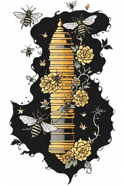 a full sleeve with a bee hive, bees, bugs, flowers, science related ovjects, and a dna tree tattoo design idea