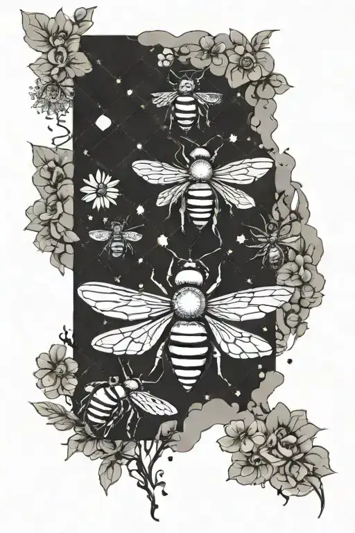 a sleeve with a behive, bees,flowers,bugs, dna tree, and science related things tattoo design idea