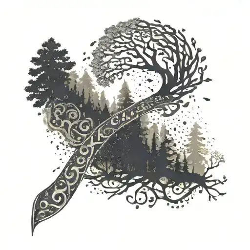 A trail of musical notes winding through a forest with a subtle Sexual Assault awareness ribbon hidden within the design tattoo design idea