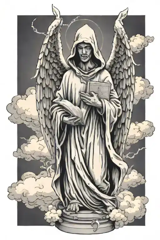 hooded Angels statue holding book of 10 Commandments in hands surrounded by clouds and crows and three crosses tattoo design idea