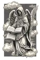hooded Angels statue holding book of 10 Commandments in hands surrounded by clouds and crows and three crosses tattoo design idea