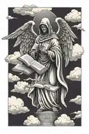 hooded Angels statue holding book of 10 Commandments in hands surrounded by clouds and crows and three crosses tattoo design idea
