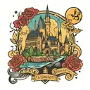 Hogwarts castle surrounded tattoo design idea