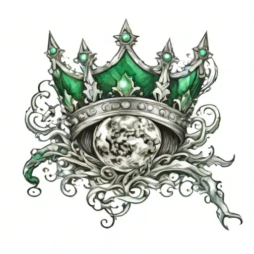emerald, crown, full moon and lighting bolt tattoo design idea