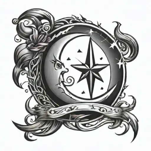 A traditional style tattoo of a crescent moon with a lightning bolt and crown of a prince, symbolizing the bond between you and your sons tattoo design idea