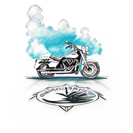 A sketch-style tattoo of a Harley Davidson motorcycle cruising along a scenic Florida beach, with palm trees and waves in the background tattoo design idea