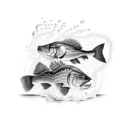 A detailed blackwork tattoo of a largemouth bass jumping out of the water with a fishing lure in its mouth tattoo design idea